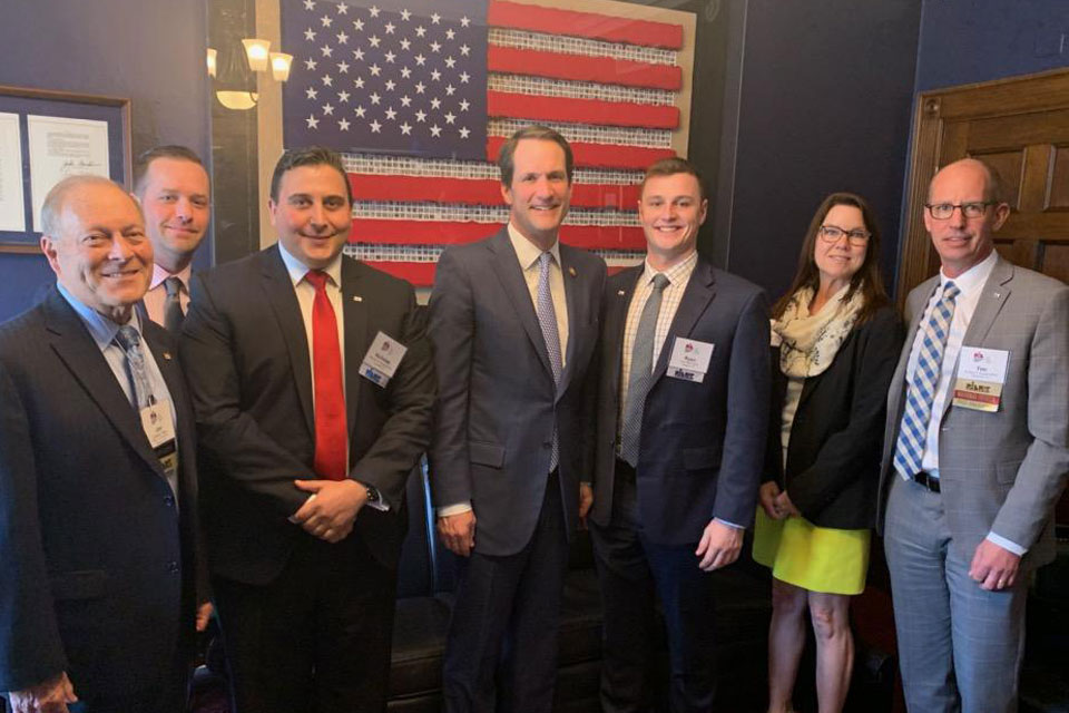 L-R: PIACT National Director Jonathan T. Black, LUTCF, CPIA; PIACT-YIP Treasurer Justin Sloan; PIACT Director Nick Ruickoldt, CPIA; Rep. Jim Himes, D-4; PIACT-YIP President Ryan Kelly, CLCS; Bobbie Sue Smart; and PIA National immediate past President and PIACT past President Timothy G. Russell, CPCU.