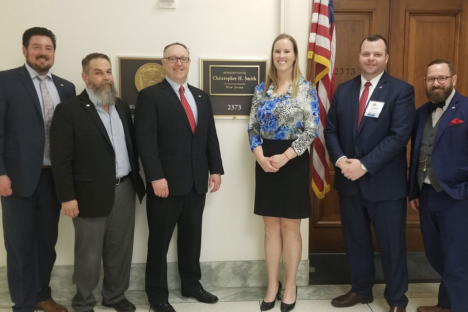 
8. L-R: PIANJ Director Aaron Levine, CIC; PIANJ past President William R. Vowteras, CPIA; PIANJ President Lloyd “Rip” Bush, CPIA; legislative assistant for Rep. Chris Smith, R-4, Monica Herman; PIANJ Director Andrew Harris Jr, CIC, AAI; and Bradford J. Lachut, Esq.